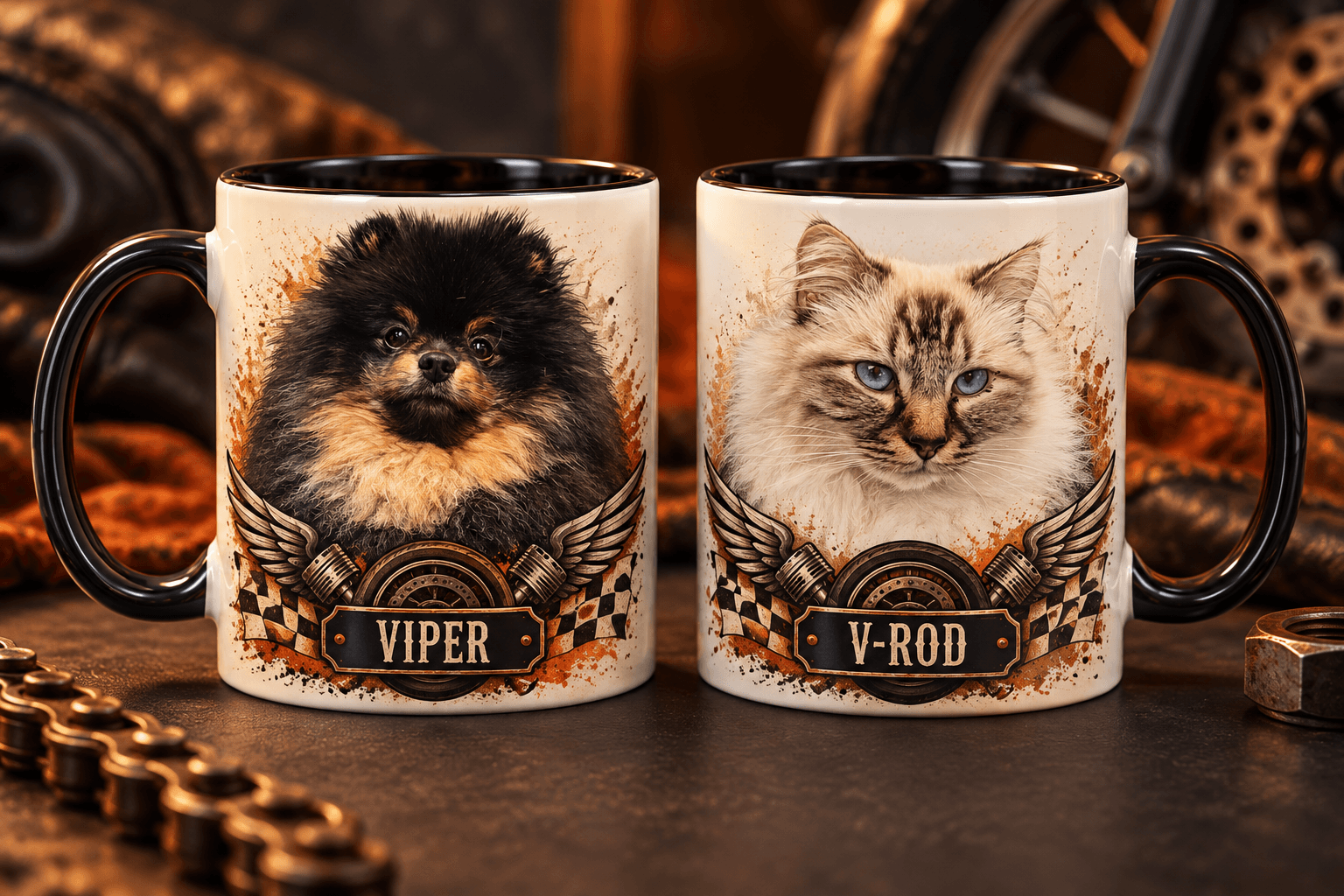 Deux mugs personnalisés, l’un avec Viper le chien et l’autre avec V-Rod le chat
